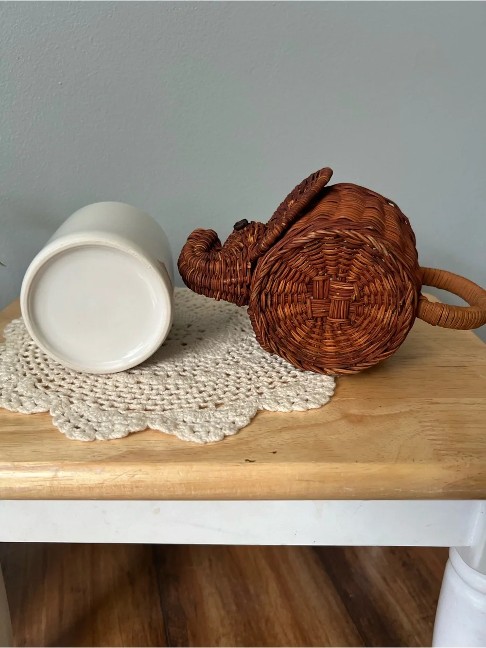 Vintage Handwoven Trunk Up Elephant Basket Planter Rich Brown Retro Wicker Boho